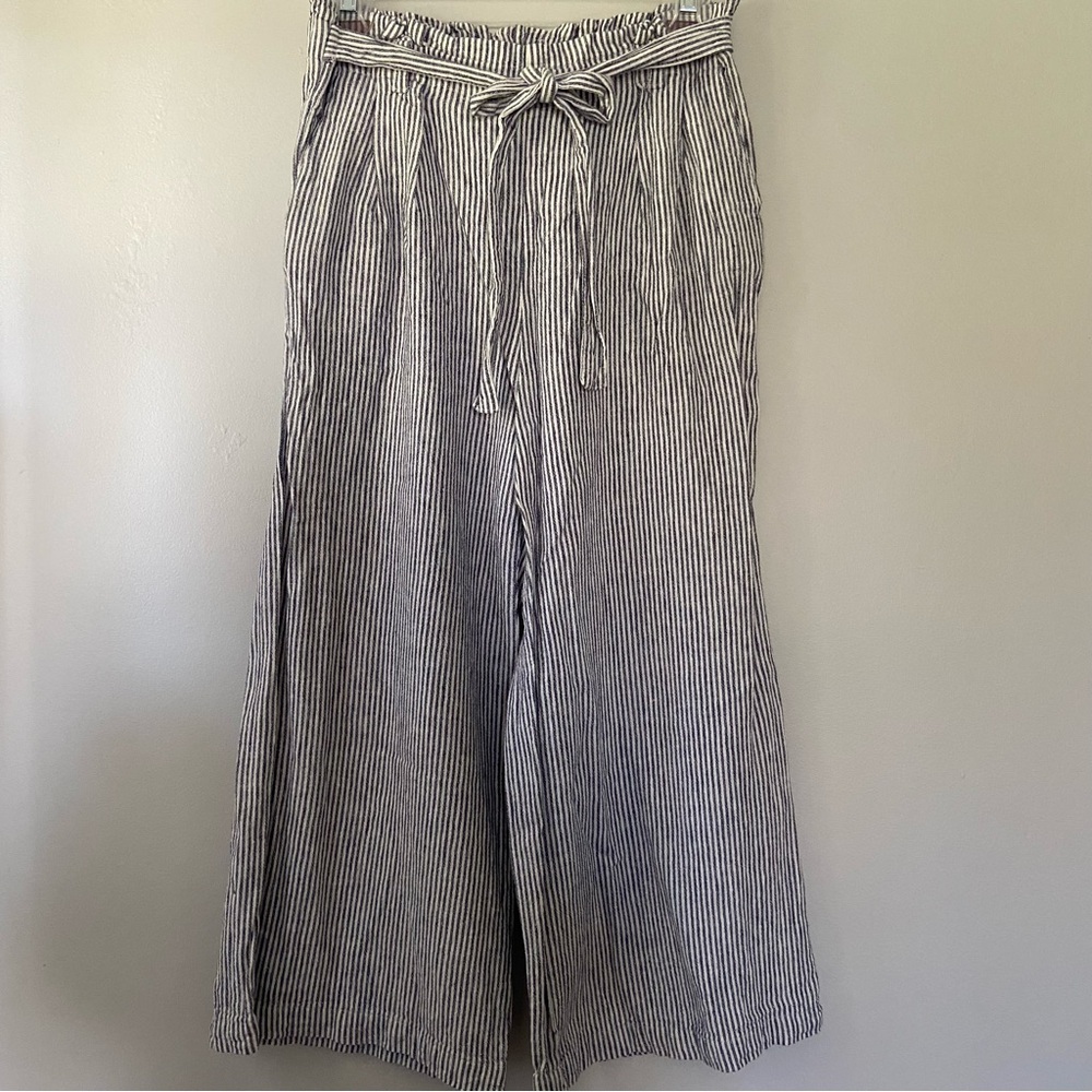 Linen Striped Wide-Leg Pants with Tie Waist